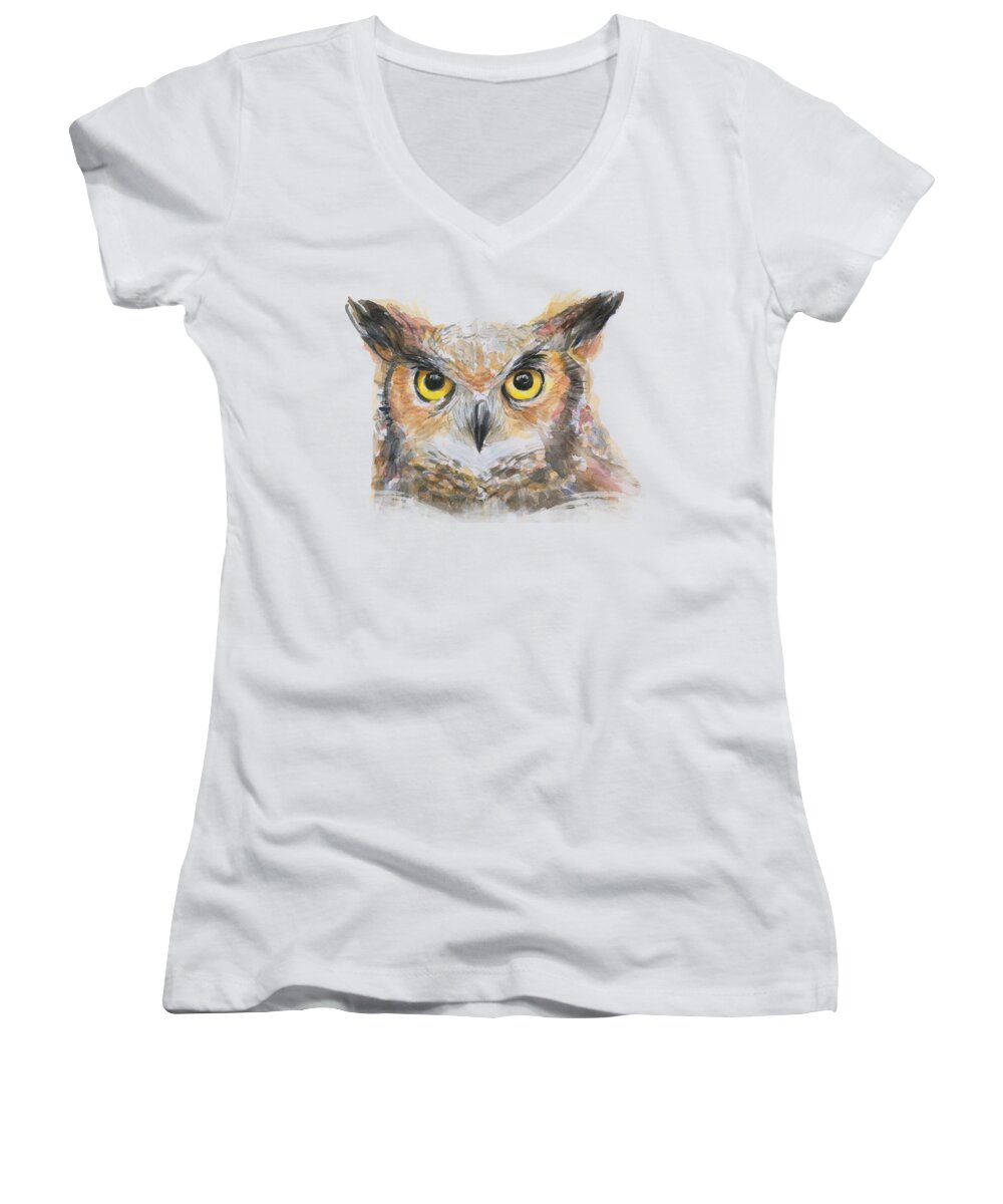 Owl Women's V-Neck featuring the painting Great Horned Owl Watercolor by Olga Shvartsur