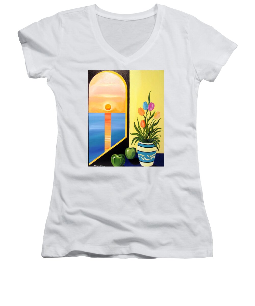 Sunset Women's V-Neck featuring the painting Green apples still life by Roberto Gagliardi
