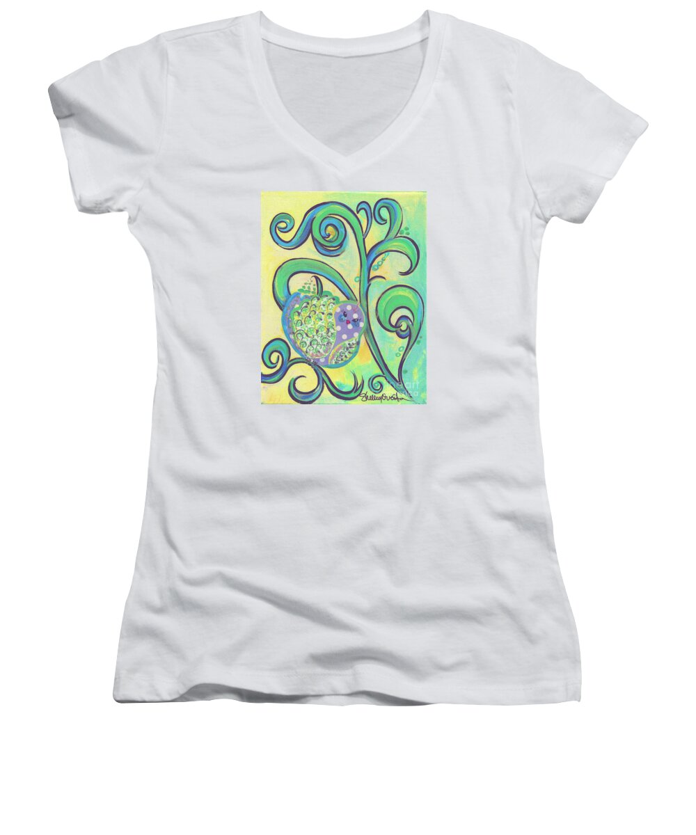 Bird Women's V-Neck featuring the painting Greenbriar Birdy by Shelley Overton