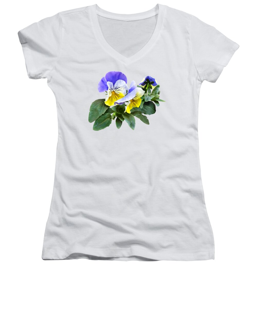 Pansy Women's V-Neck featuring the photograph Group of Yellow and Purple Pansies by Susan Savad