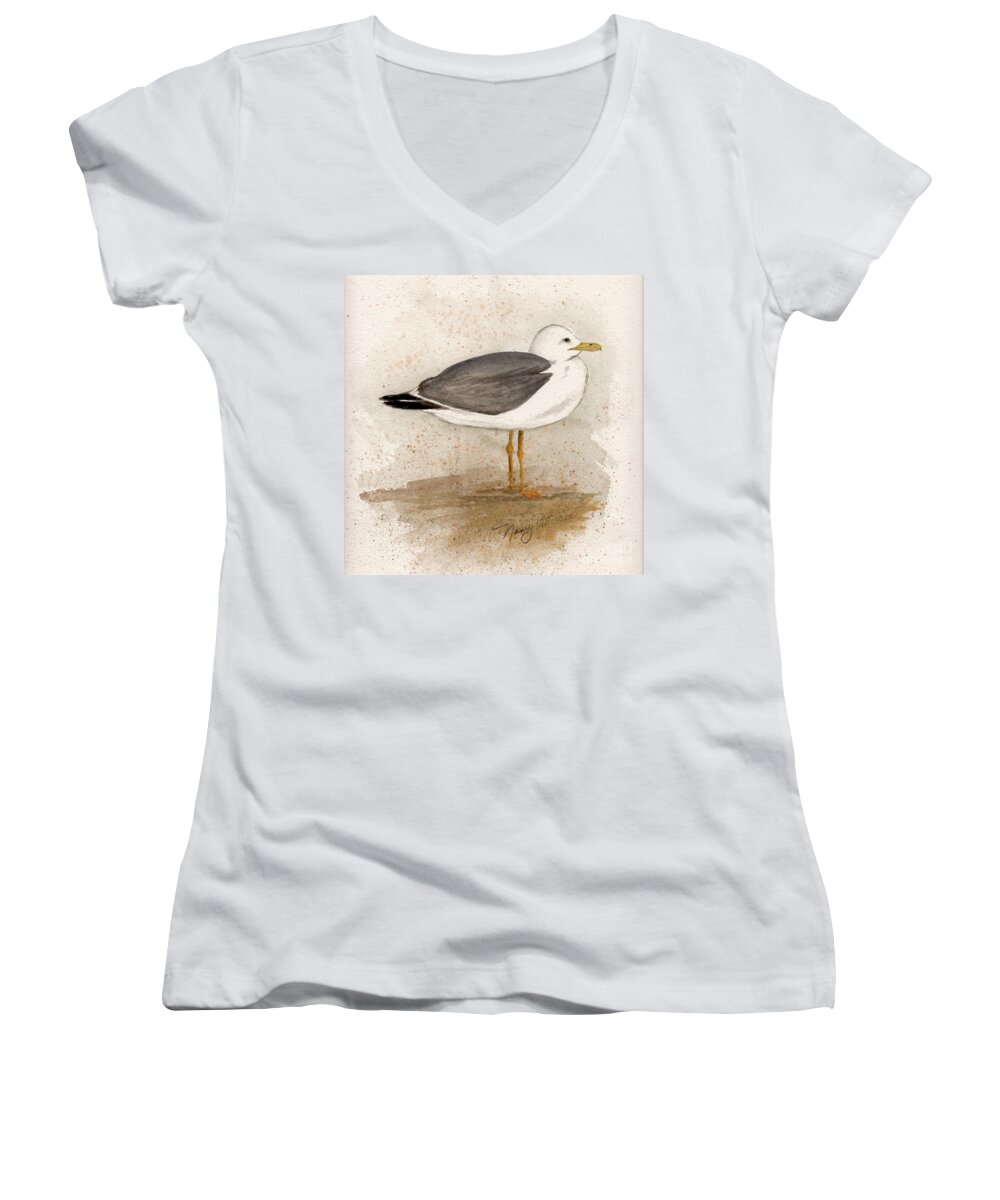 Seagull Women's V-Neck featuring the painting Gull by Nancy Patterson