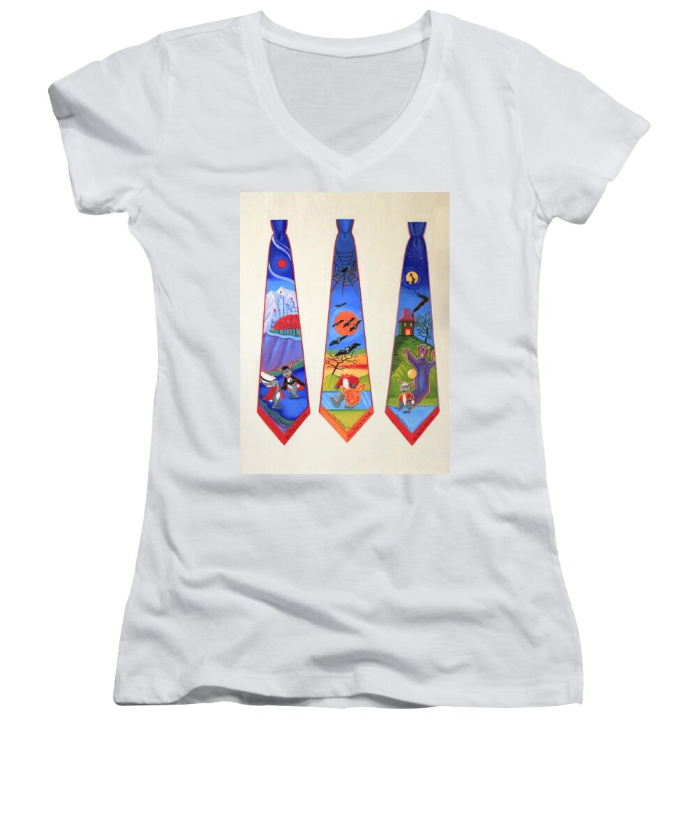  Women's V-Neck featuring the painting Halloween Ties by Tracy Dennison