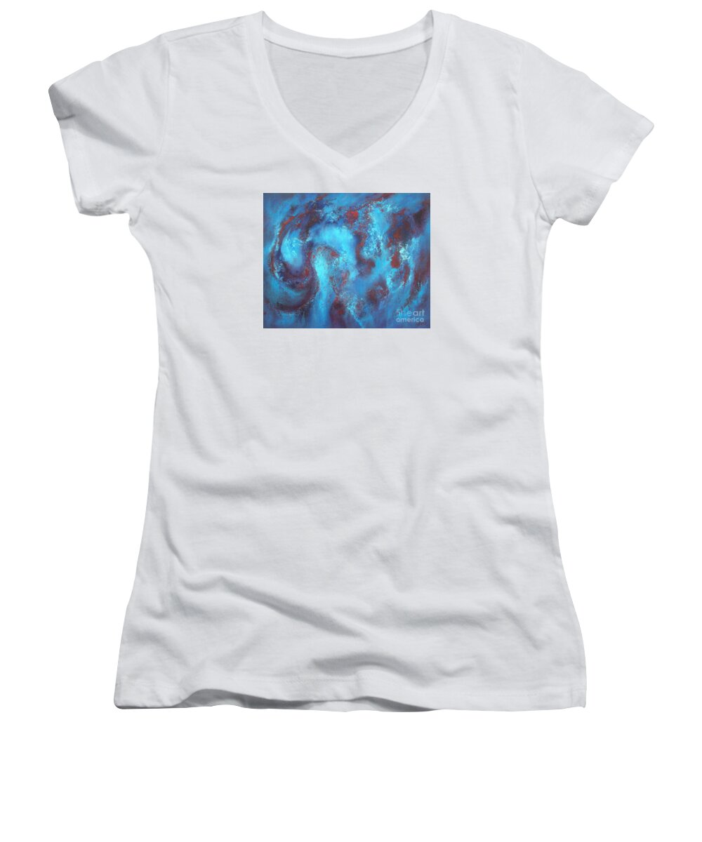 Abstract Women's V-Neck featuring the painting Happy Blues by Valerie Travers