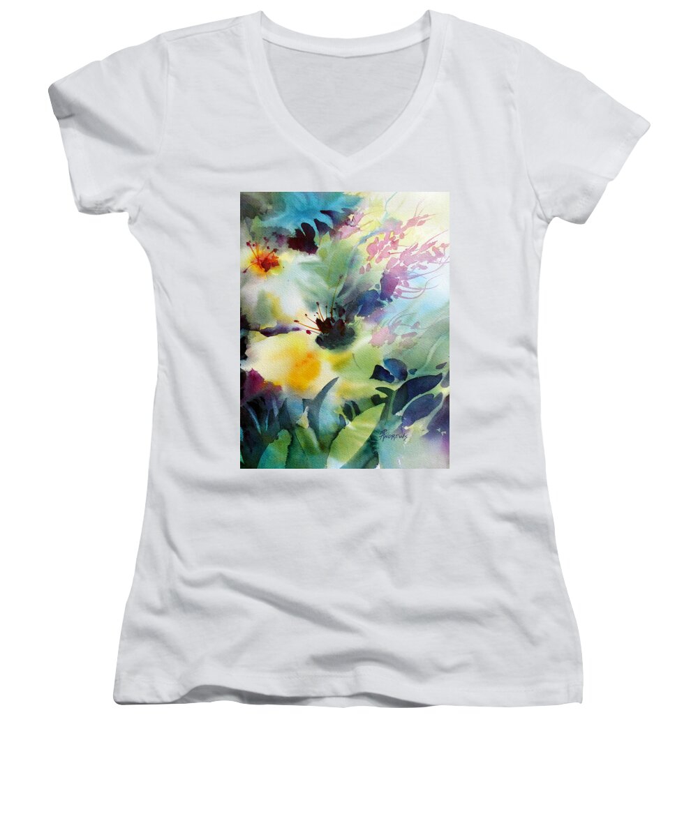 Watercolor Women's V-Neck featuring the painting Happy Dance by Rae Andrews