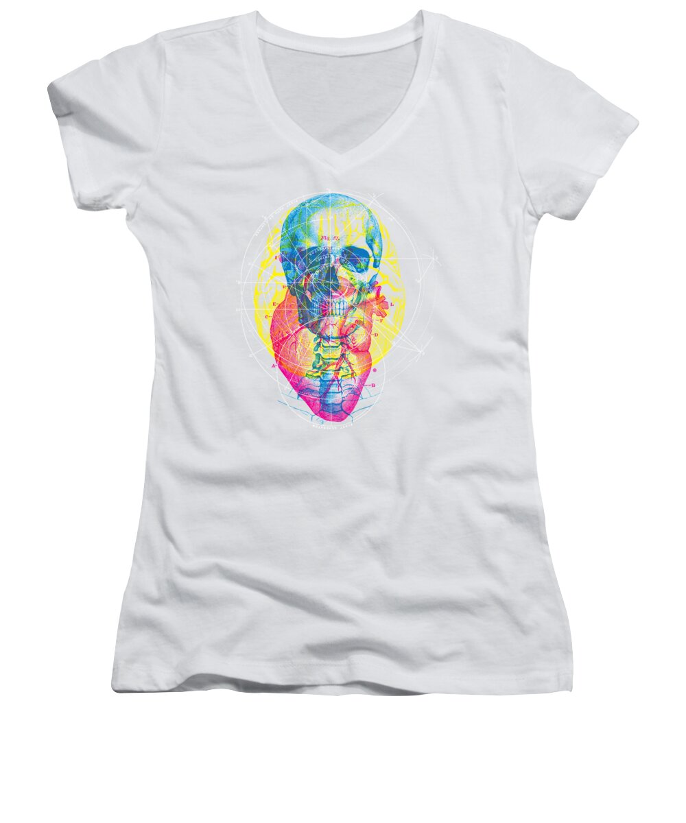 Vector Women's V-Neck featuring the painting Heart Brain Skull by Gary Grayson