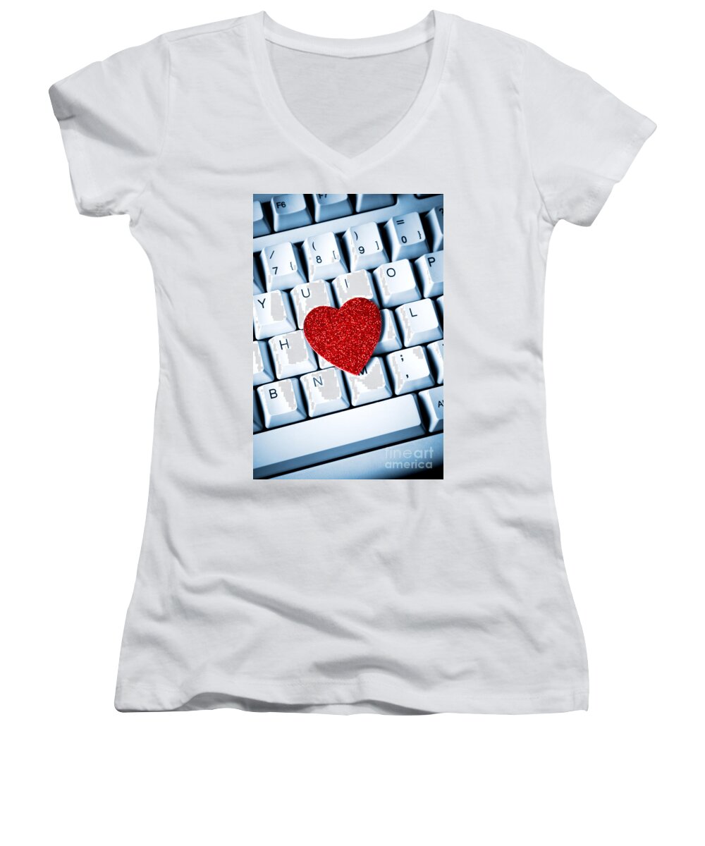 Heart Women's V-Neck featuring the photograph Heart on keyboard by Kati Finell
