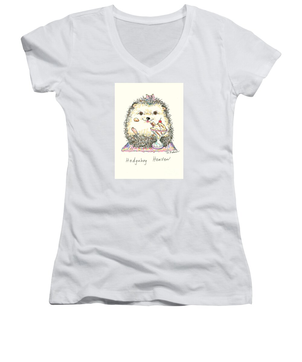 Hedgehog Women's V-Neck featuring the mixed media Hedgehog Heaven by Denise F Fulmer
