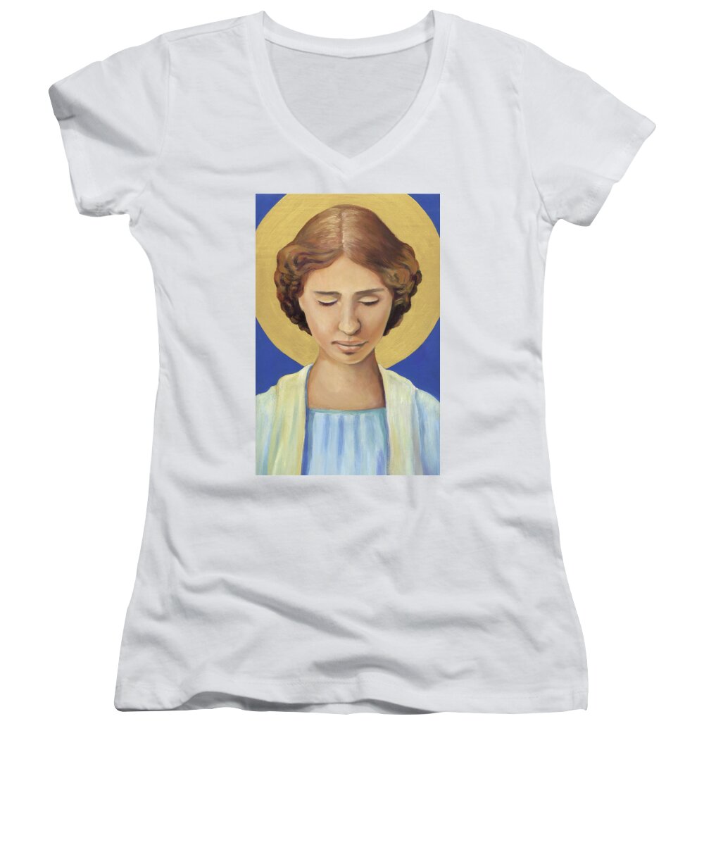 Helen Keller Women's V-Neck featuring the painting Helen Keller by Linda Ruiz-Lozito