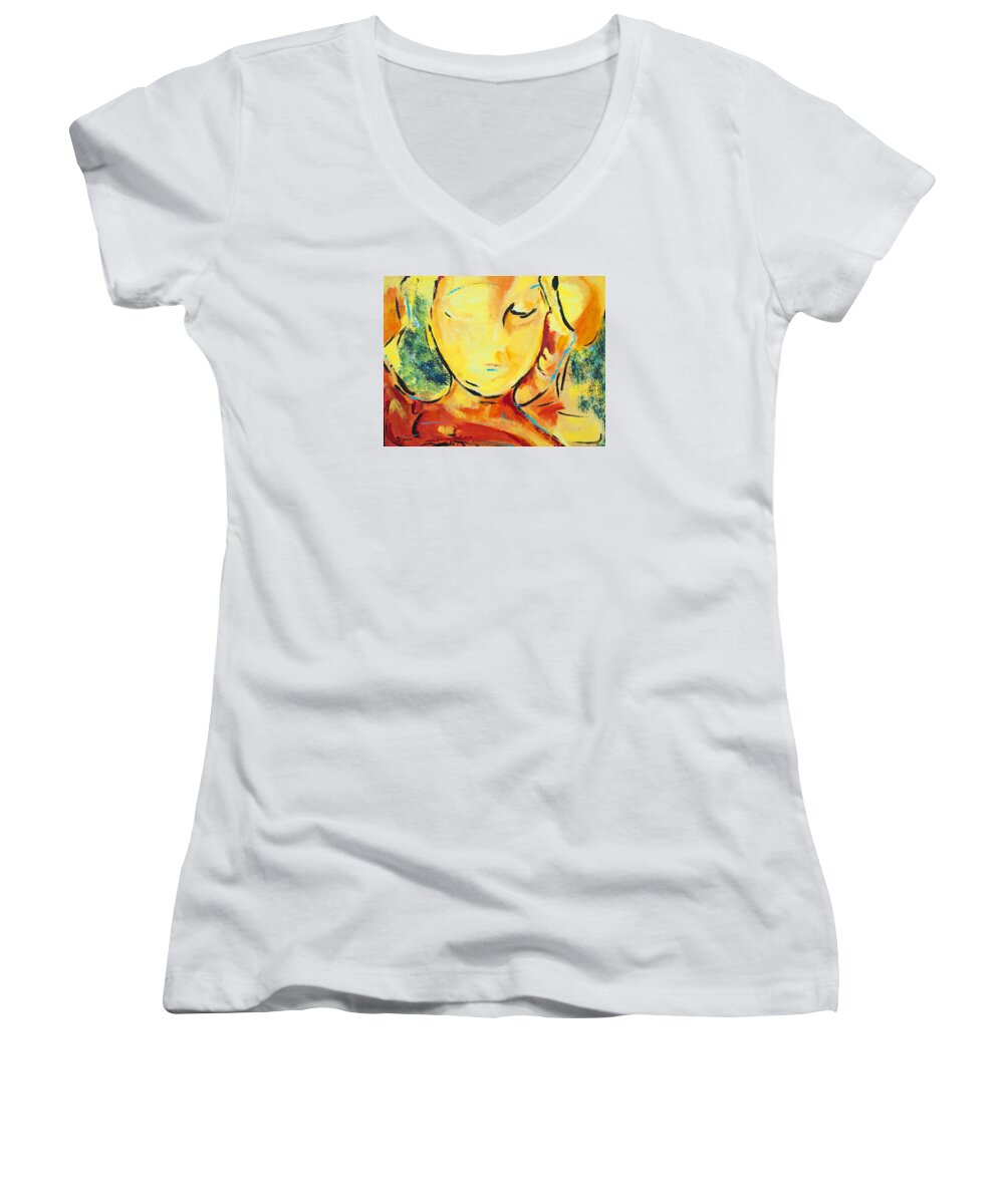 Figurative Women's V-Neck featuring the painting Hello Sunshine by Sharon Sieben