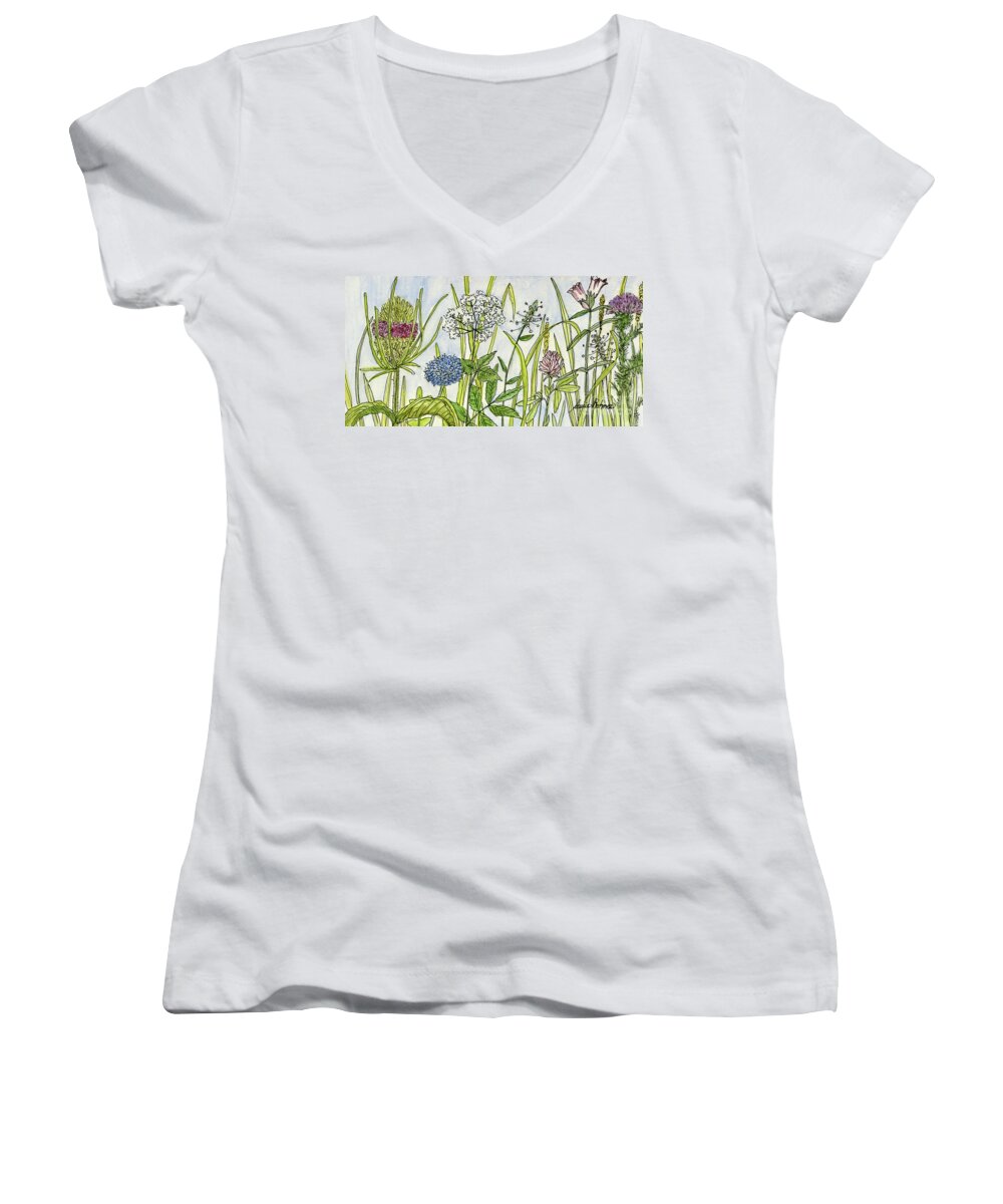 Watercolor Women's V-Neck featuring the painting Herbs and Flowers by Laurie Rohner