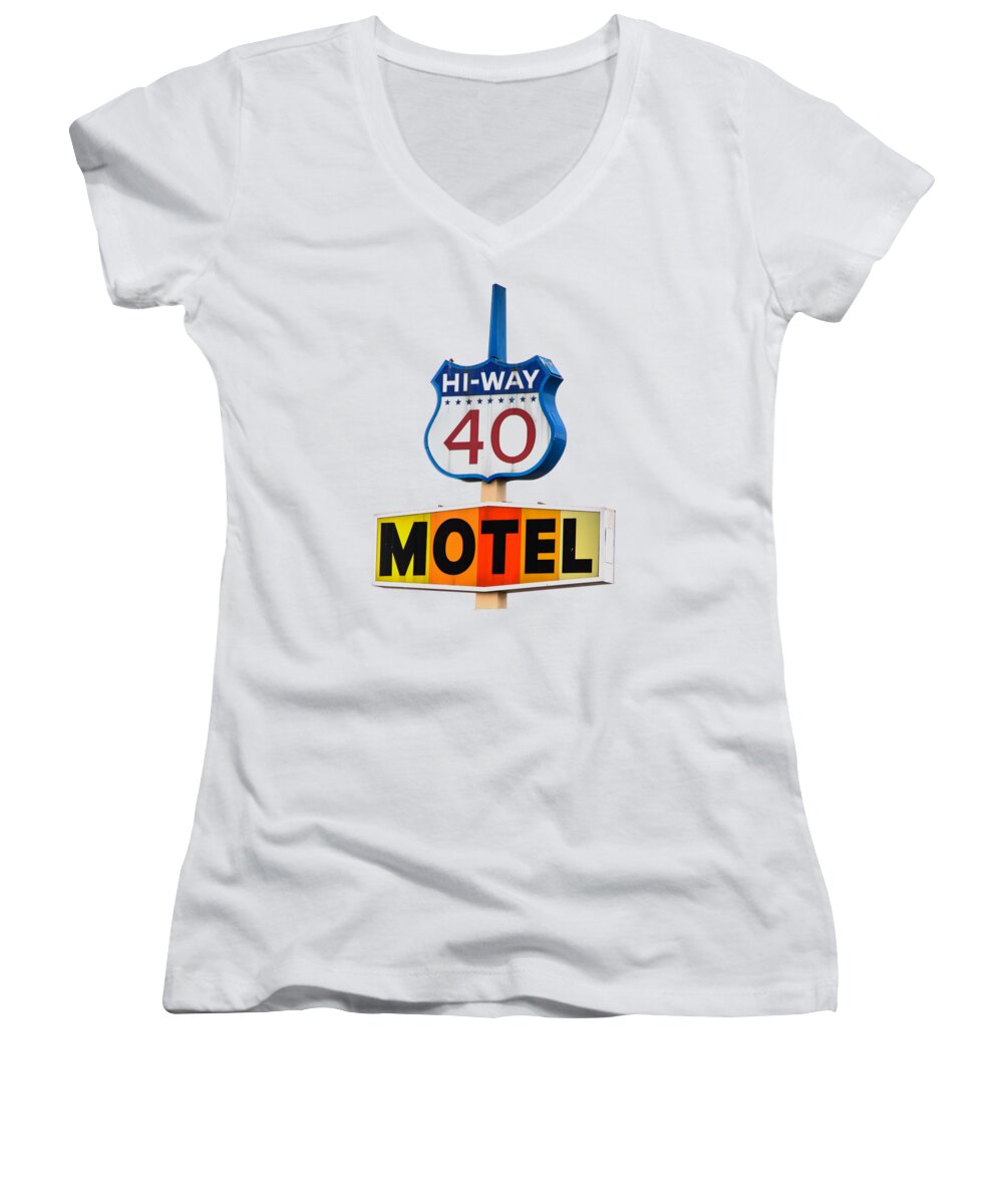 Motel Women's V-Neck featuring the photograph Hi-Way 40 Motel by Rick Mosher