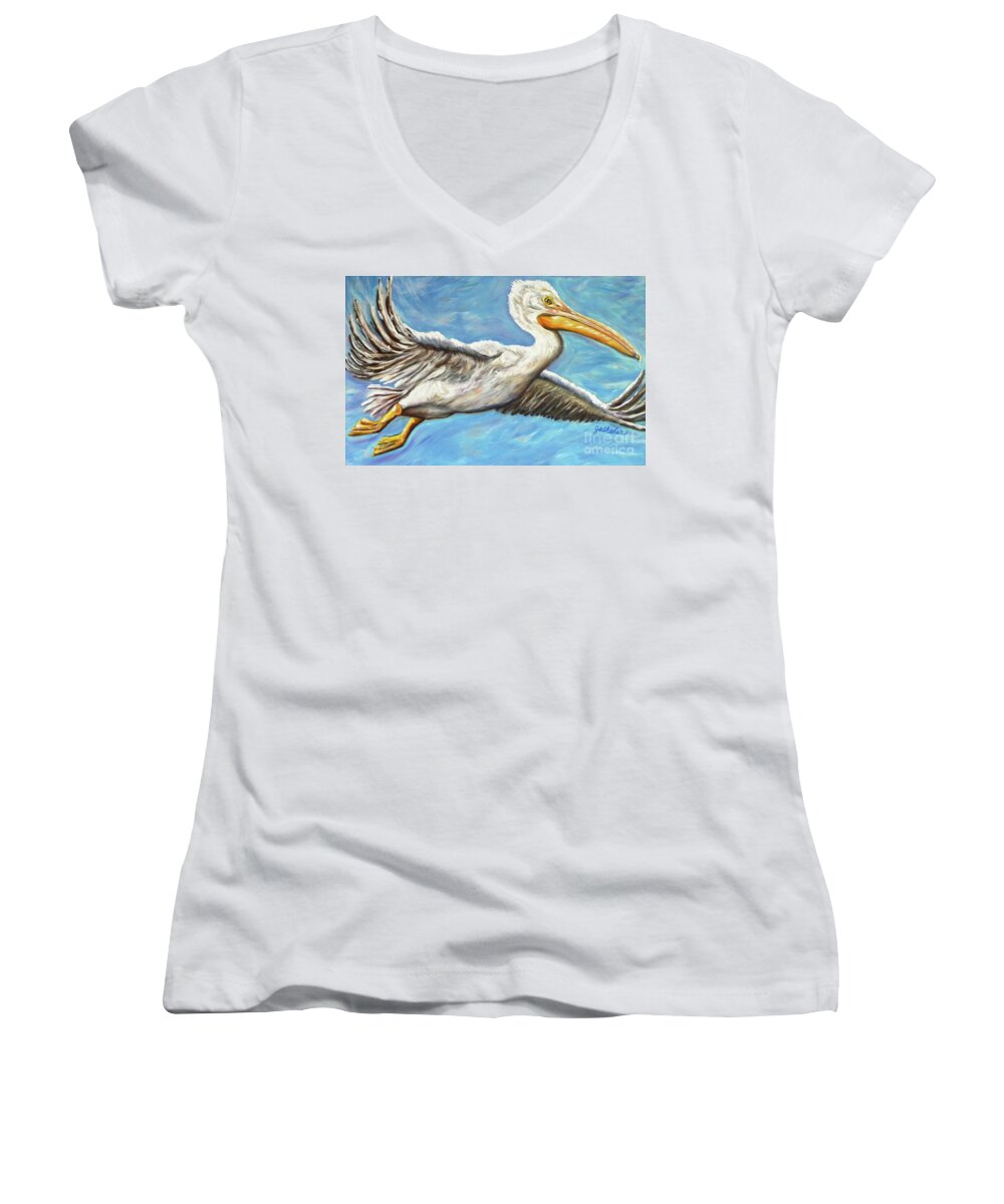 Pelican Women's V-Neck featuring the painting High Flyer by JoAnn Wheeler