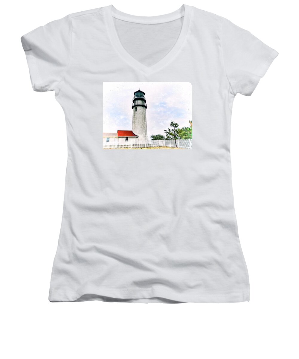 Highland Lighthouse Women's V-Neck featuring the photograph Highland Lighthouse Cape Cod by Marianne Campolongo