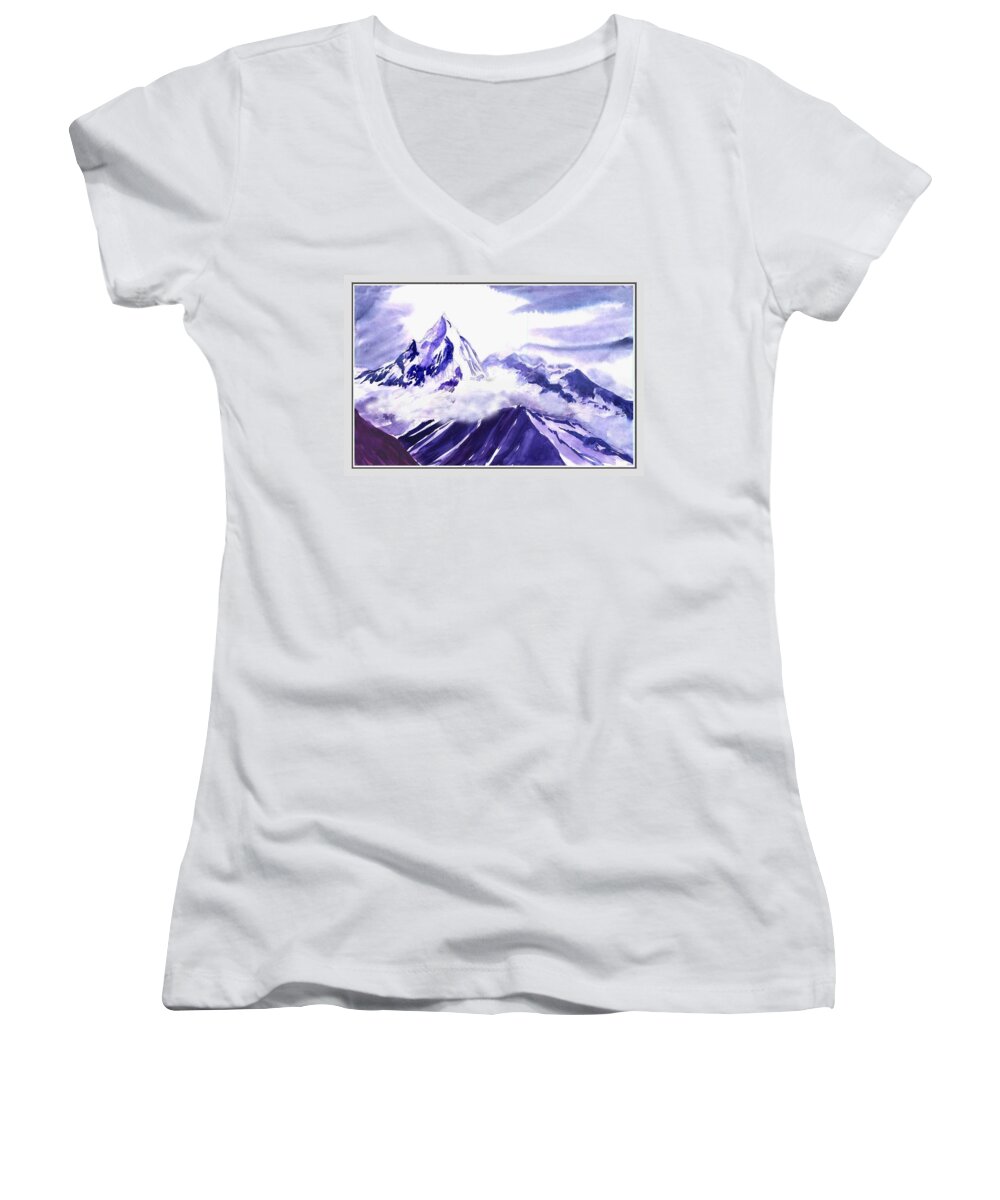 Landscape Women's V-Neck featuring the painting Himalaya by Anil Nene