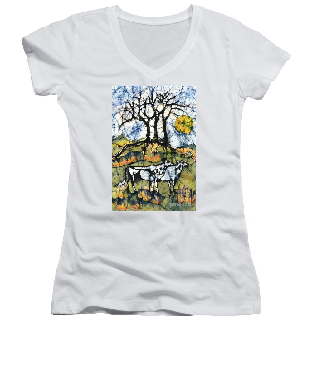 Cows Women's V-Neck featuring the tapestry - textile Holsiein Cows Below Autumn Trees by Carol Law Conklin
