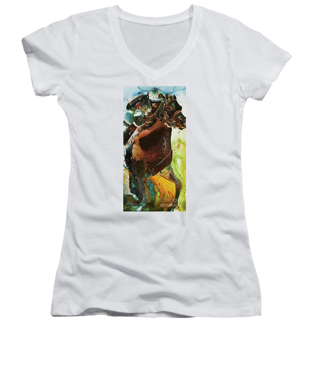 Horse And Jockey Women's V-Neck featuring the painting Home Stretched by Kasha Ritter