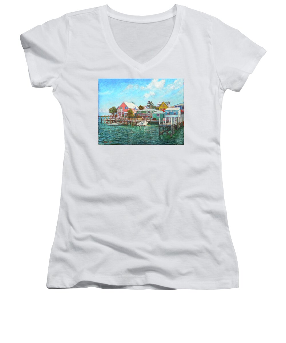 Hope Town Women's V-Neck featuring the painting Hope Town By The Sea by Ritchie Eyma
