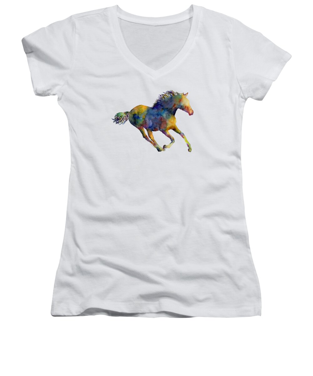 Horse Women's V-Neck featuring the painting Horse Running by Hailey E Herrera