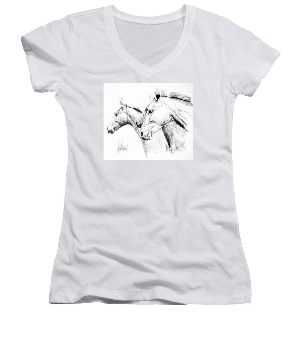Horses Women's V-Neck featuring the drawing Horses - ink drawing by Daliana Pacuraru