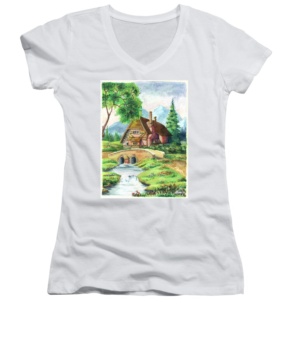 House Women's V-Neck featuring the painting House along the river by Alban Dizdari