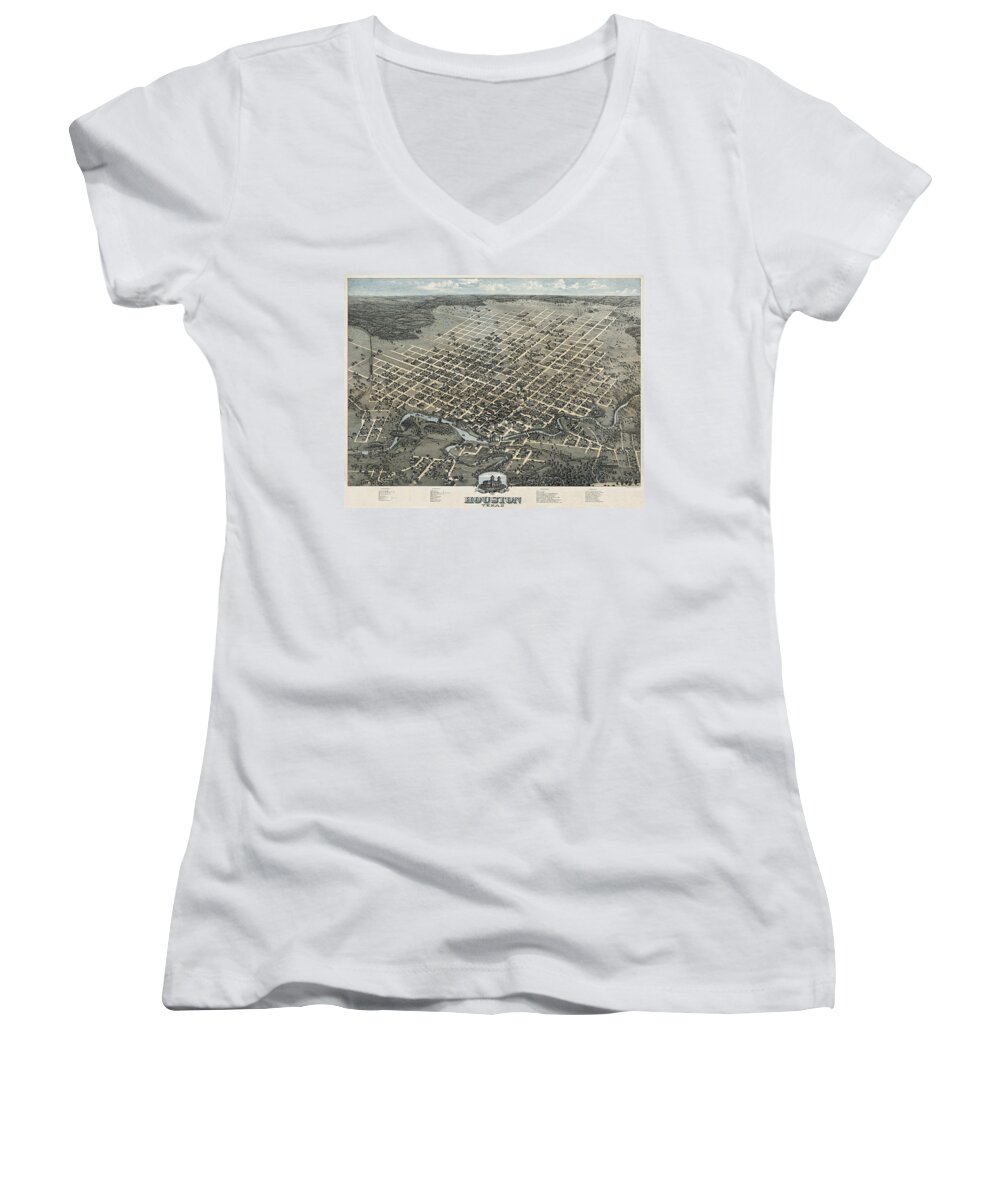 Texas Women's V-Neck featuring the digital art Houston 1873 by Augustus Koch by Texas Map Store