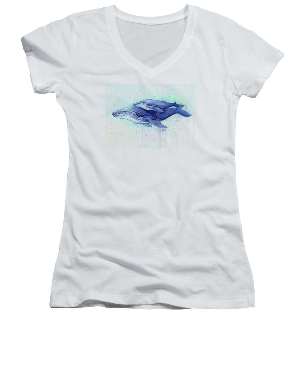 Whale Women's V-Neck featuring the painting Humpback Whale Mom and Baby Watercolor by Olga Shvartsur