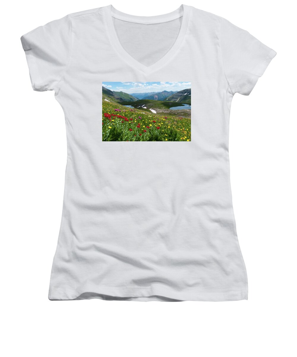 Ice Lake Women's V-Neck featuring the photograph Ice Lake Landscape From Above by Cascade Colors