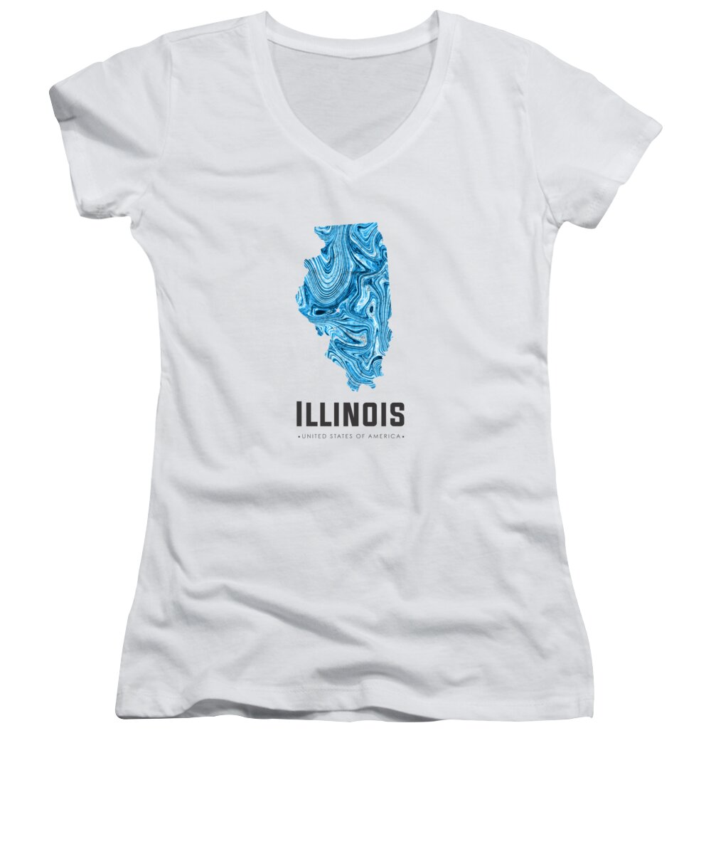 Illinois Women's V-Neck featuring the mixed media Illinois Map Art Abstract in Blue by Studio Grafiikka