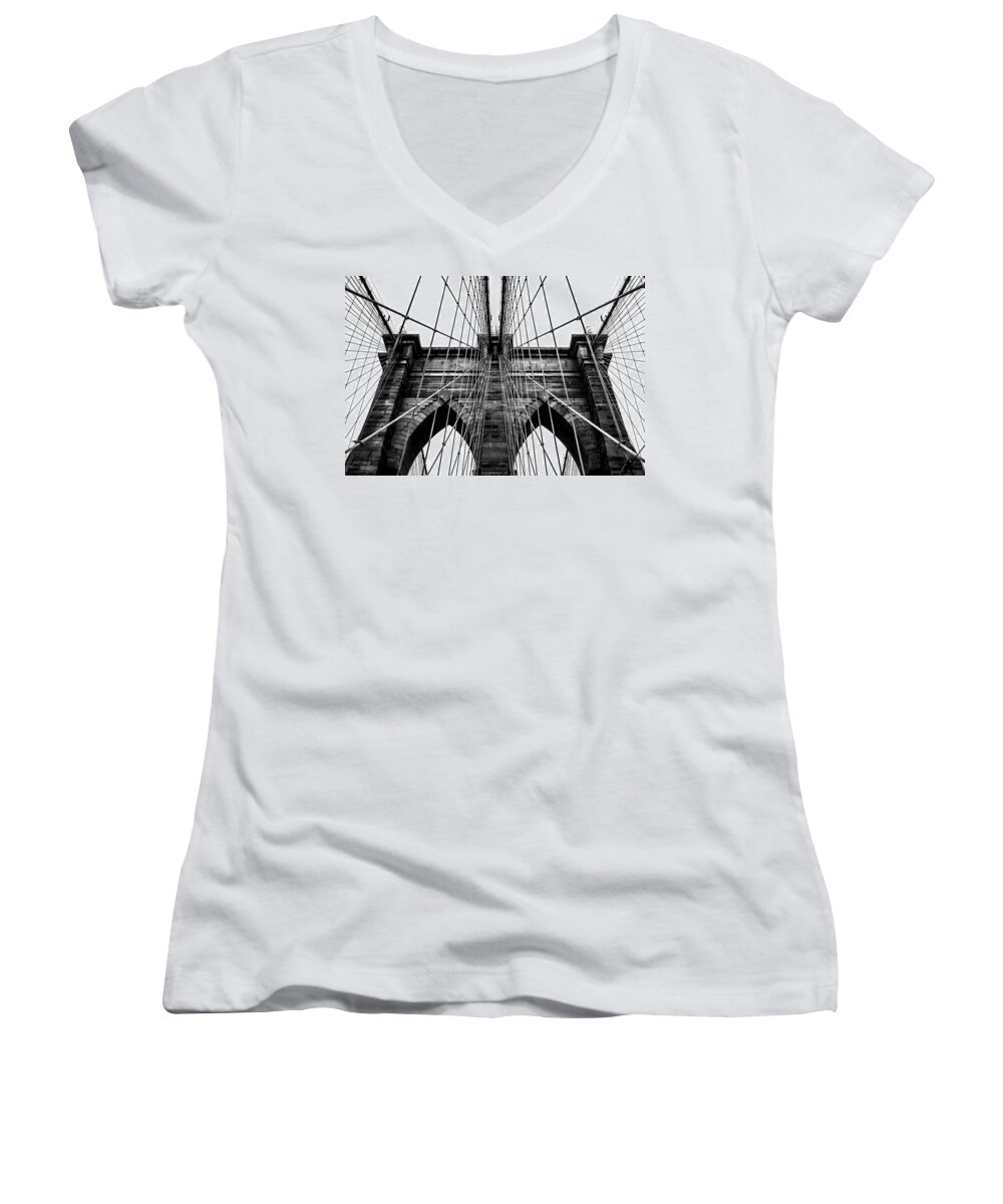 Brooklyn Bridge Women's V-Neck featuring the photograph Imposing Arches by Az Jackson