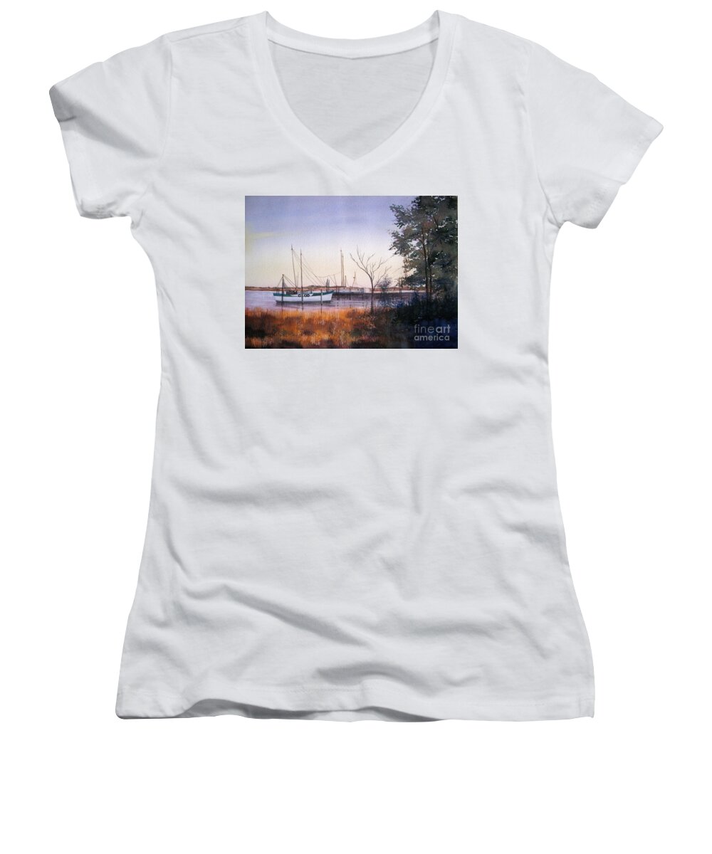 Landscape Women's V-Neck featuring the painting In for the Night by Shirley Braithwaite Hunt