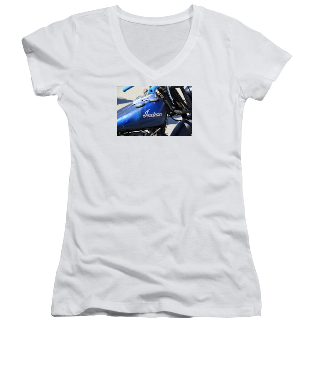 Motorcycle Women's V-Neck featuring the photograph Indian Blue by Becca Wilcox