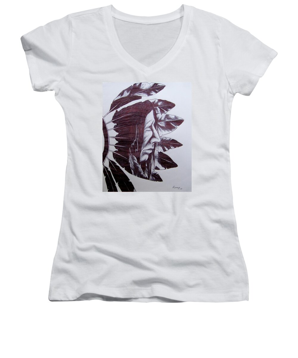 Indian Feathers Women's V-Neck featuring the drawing Indian Feathers by Michael TMAD Finney