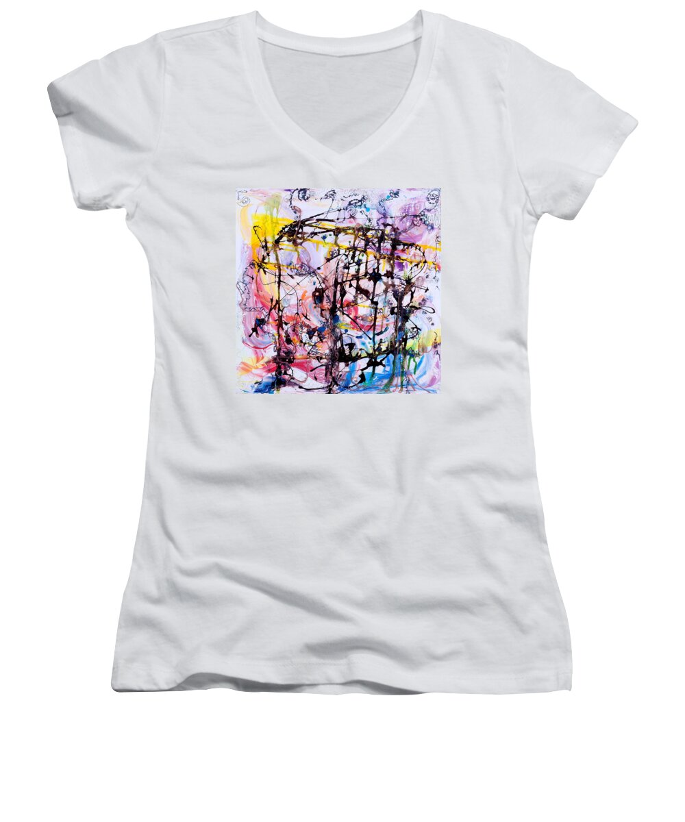 Neural Network Women's V-Neck featuring the painting Information network by Regina Valluzzi