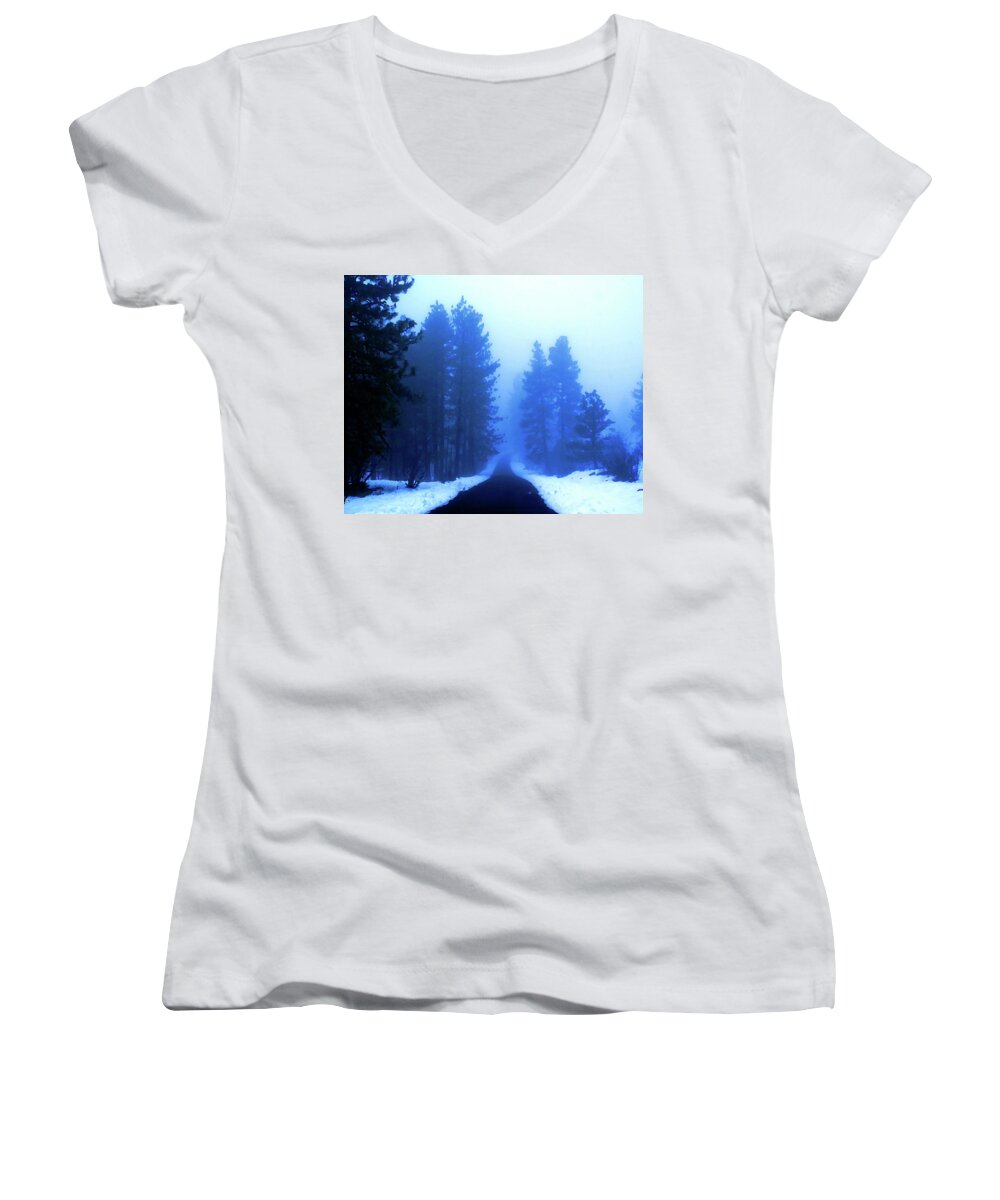 Photo Art Women's V-Neck featuring the photograph Into the Misty Unknown by Ben Upham III