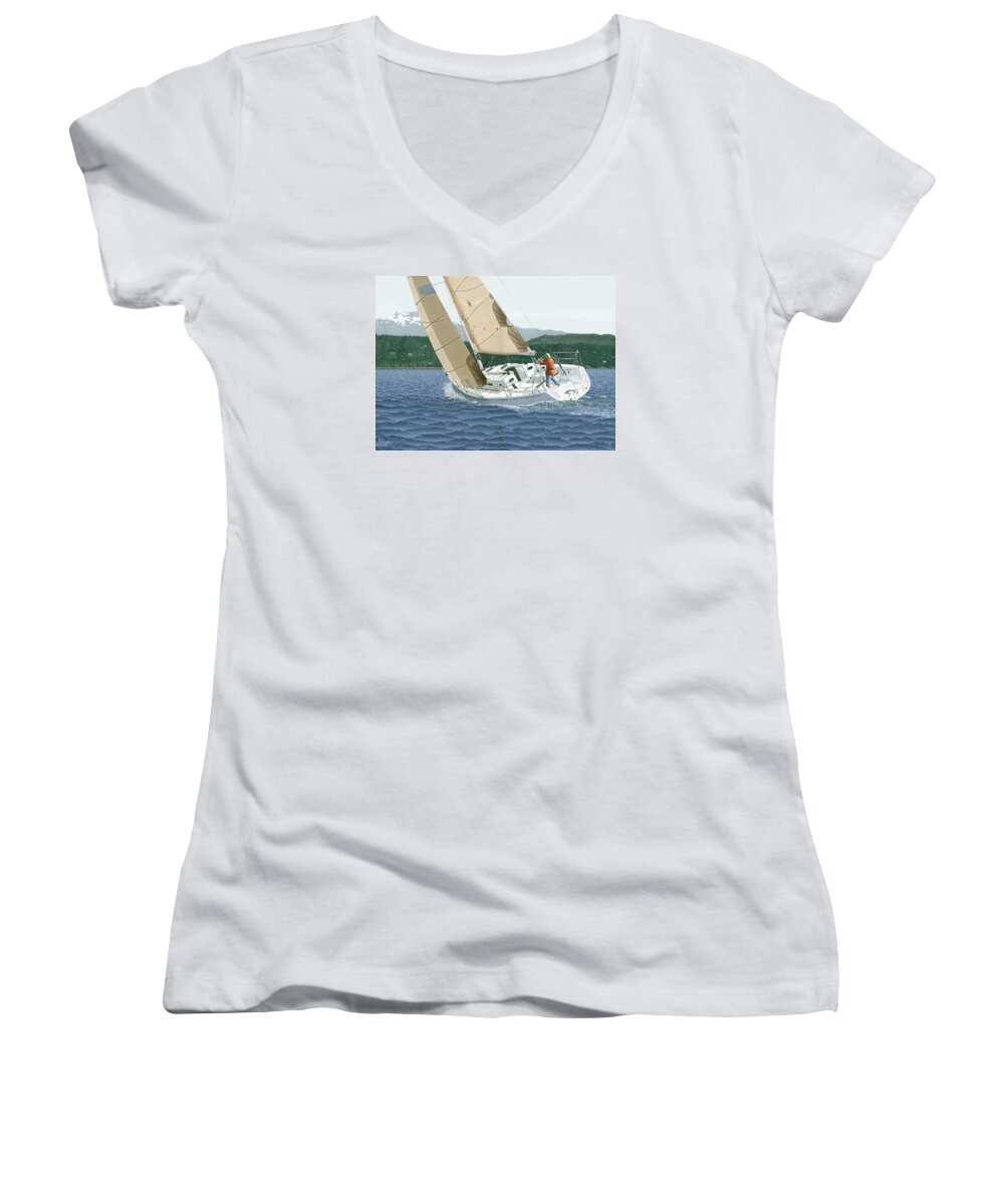 J-109 Sailboat Women's V-Neck featuring the painting J-109 sailboat sail boat sailing 109 by Gary Giacomelli