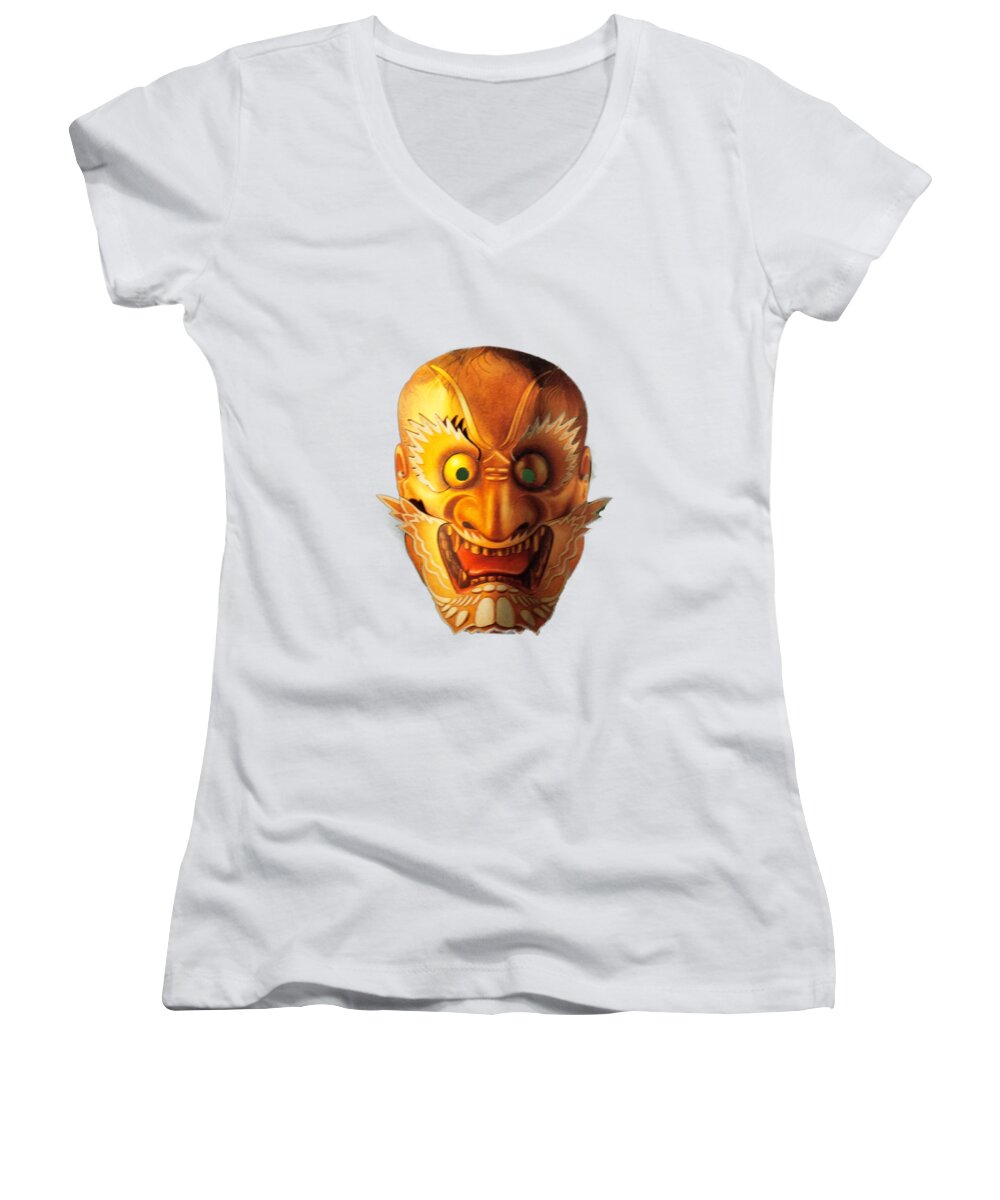 Foreign Women's V-Neck featuring the photograph Japanese Mask Cutout by Linda Phelps
