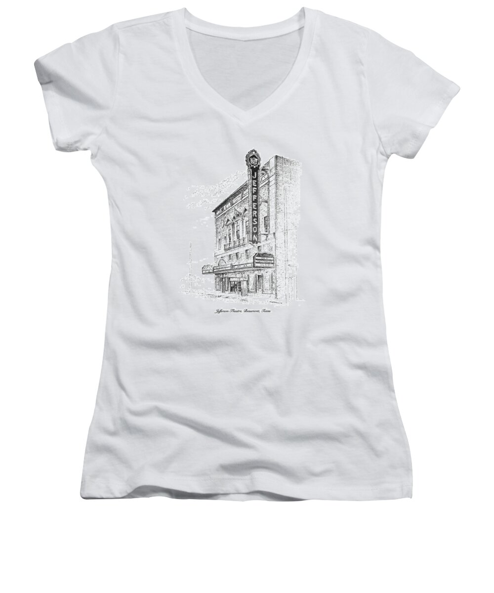 Jefferson Theatre Women's V-Neck featuring the drawing Jefferson Theatre by Randy Welborn
