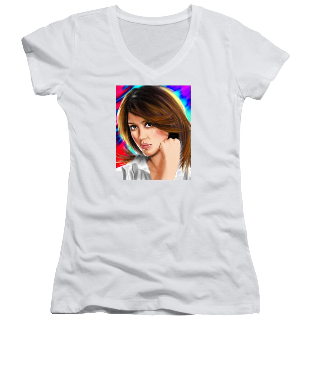 Celebrity Women's V-Neck featuring the painting Jessica Alba by Isaac Martinez