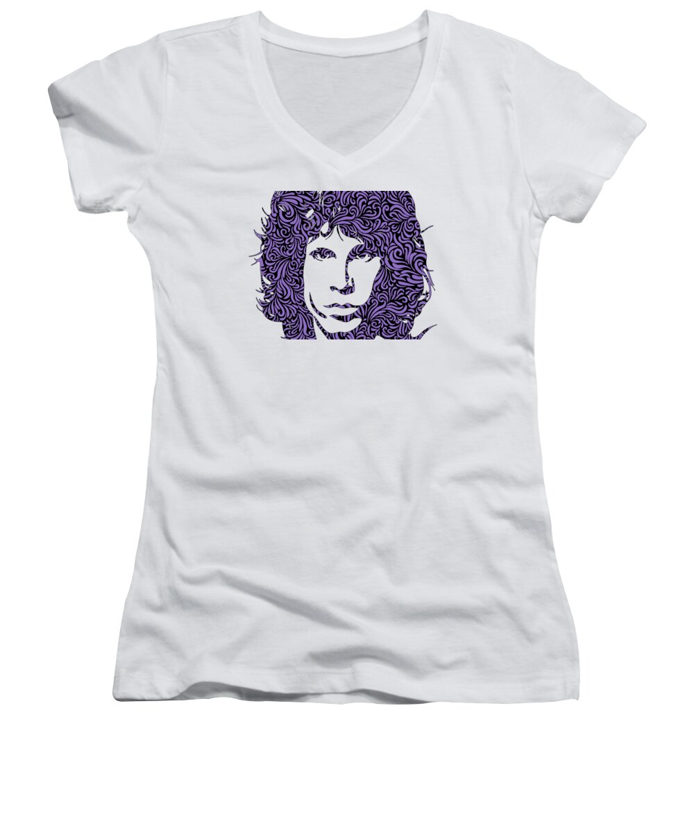 Jim Morrison Women's V-Neck featuring the digital art Jim Morrison Sillhouette Ultraviolet by Ricky Barnard