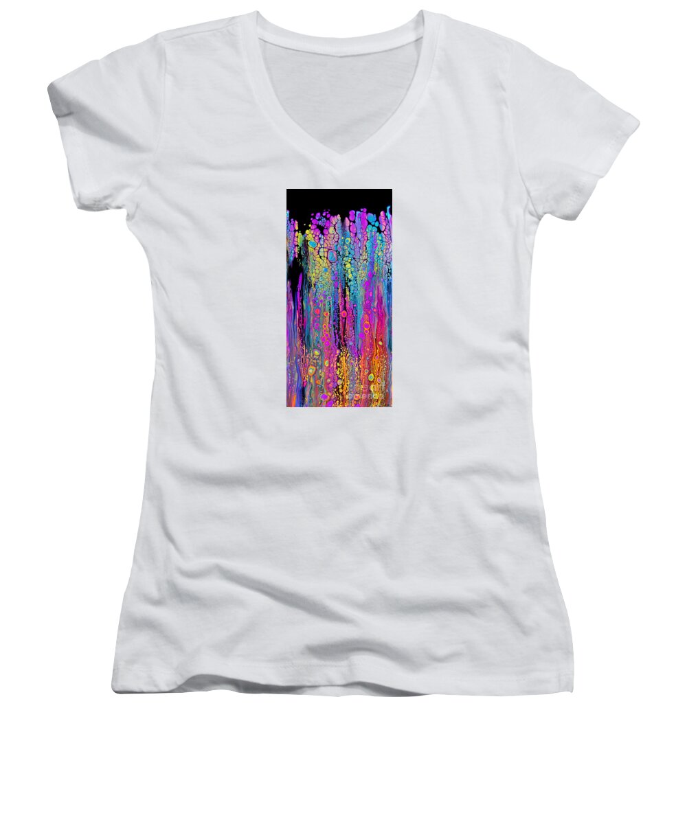 Bright Dramatic Vibrant Colorful Rainbow Dynamic Fun Compelling Lively Charming-pattern Happy-art Women's V-Neck featuring the painting Just Fun #2651 by Priscilla Batzell Expressionist Art Studio Gallery