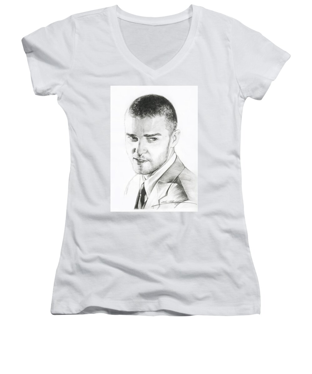 Lin Petershagen Women's V-Neck featuring the drawing Justin Timberlake Drawing by Lin Petershagen