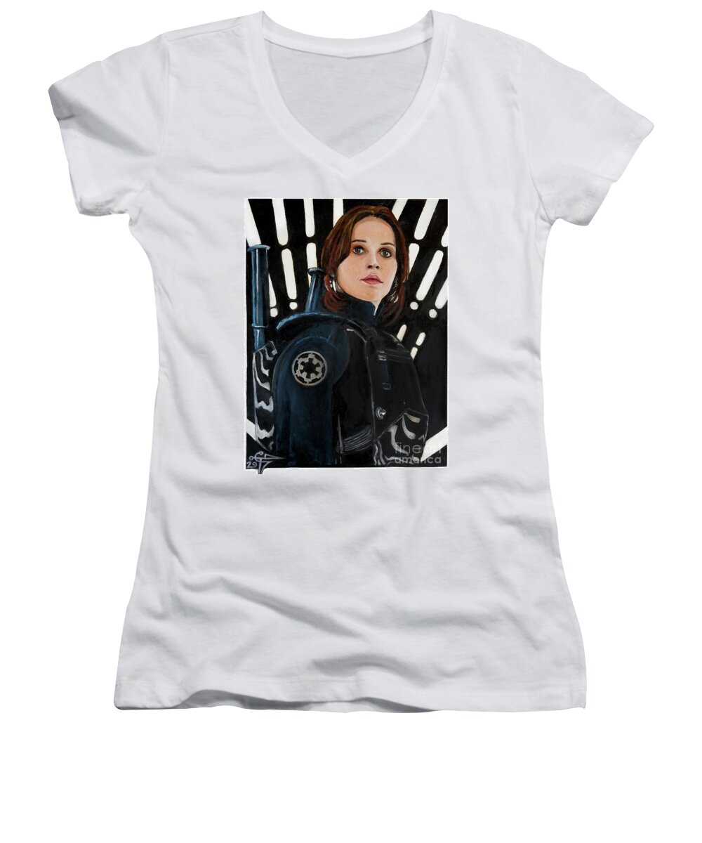 Rogue One Women's V-Neck featuring the painting Jyn Erso by Tom Carlton