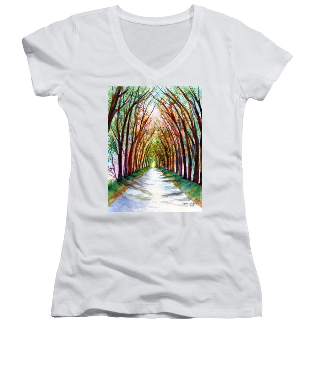 Kauai Tree Tunnel Women's V-Neck featuring the painting Kauai Tree Tunnel 4 by Marionette Taboniar