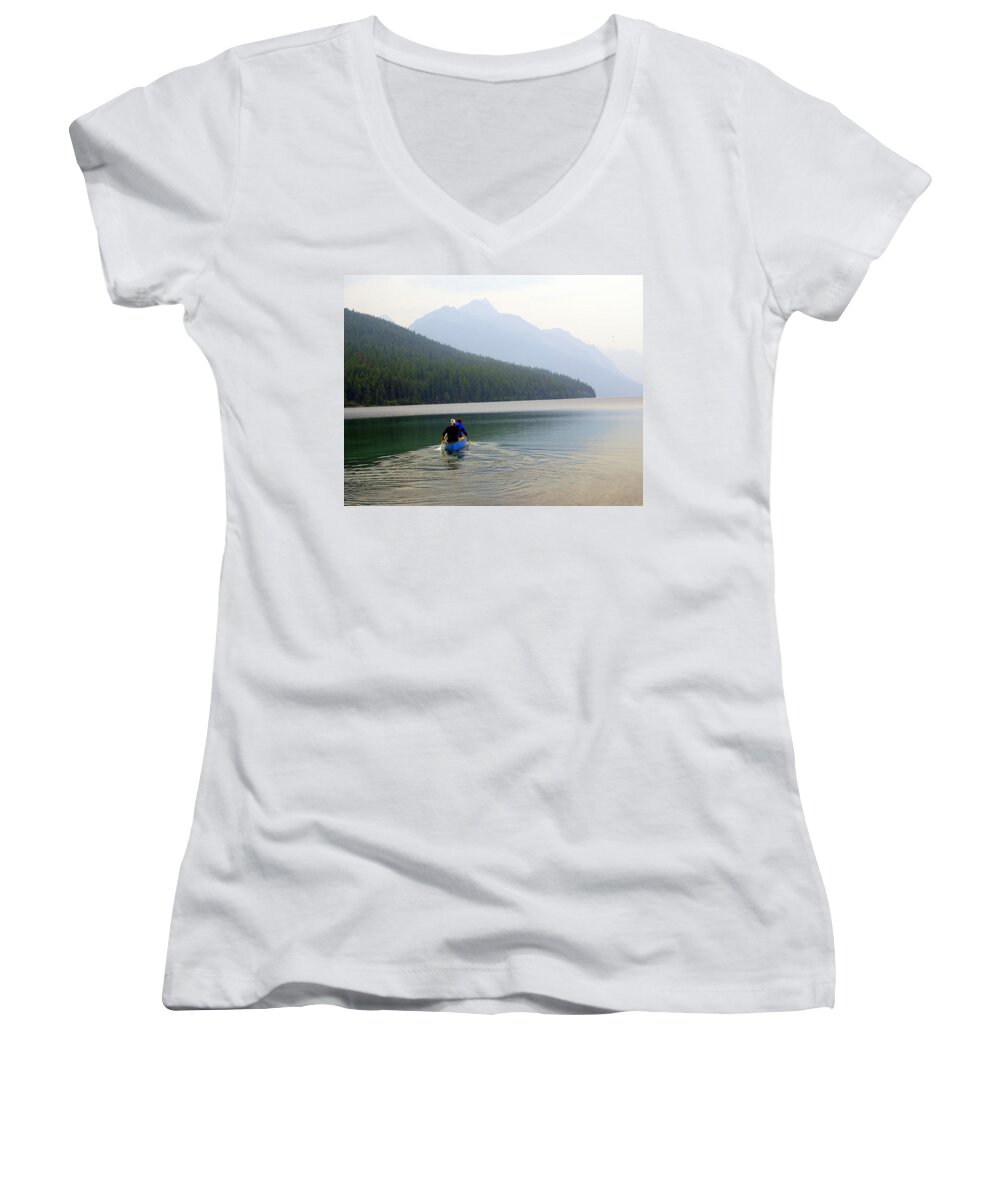 Mountains Women's V-Neck featuring the photograph Kintla Lake Paddlers by Marty Koch