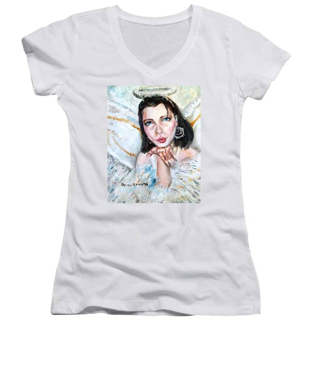 Angel Women's V-Neck featuring the painting Kiss of an Angel by Shana Rowe Jackson