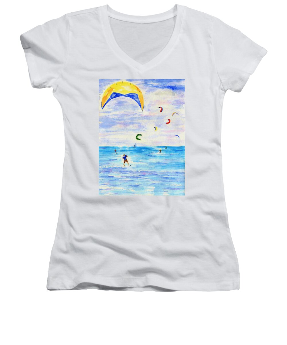 Kite Women's V-Neck featuring the painting Kite Surfer by Jamie Frier