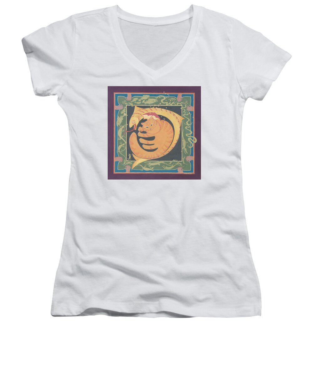 Cat Women's V-Neck featuring the painting La Sirena by Ruth Hooper
