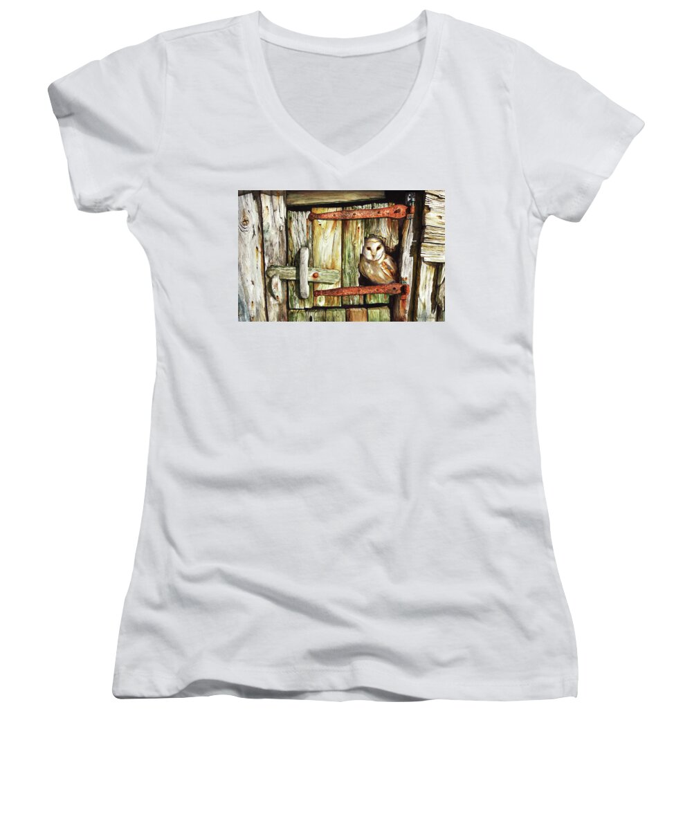 Barn Owl Women's V-Neck featuring the painting Last Light by Peter Williams