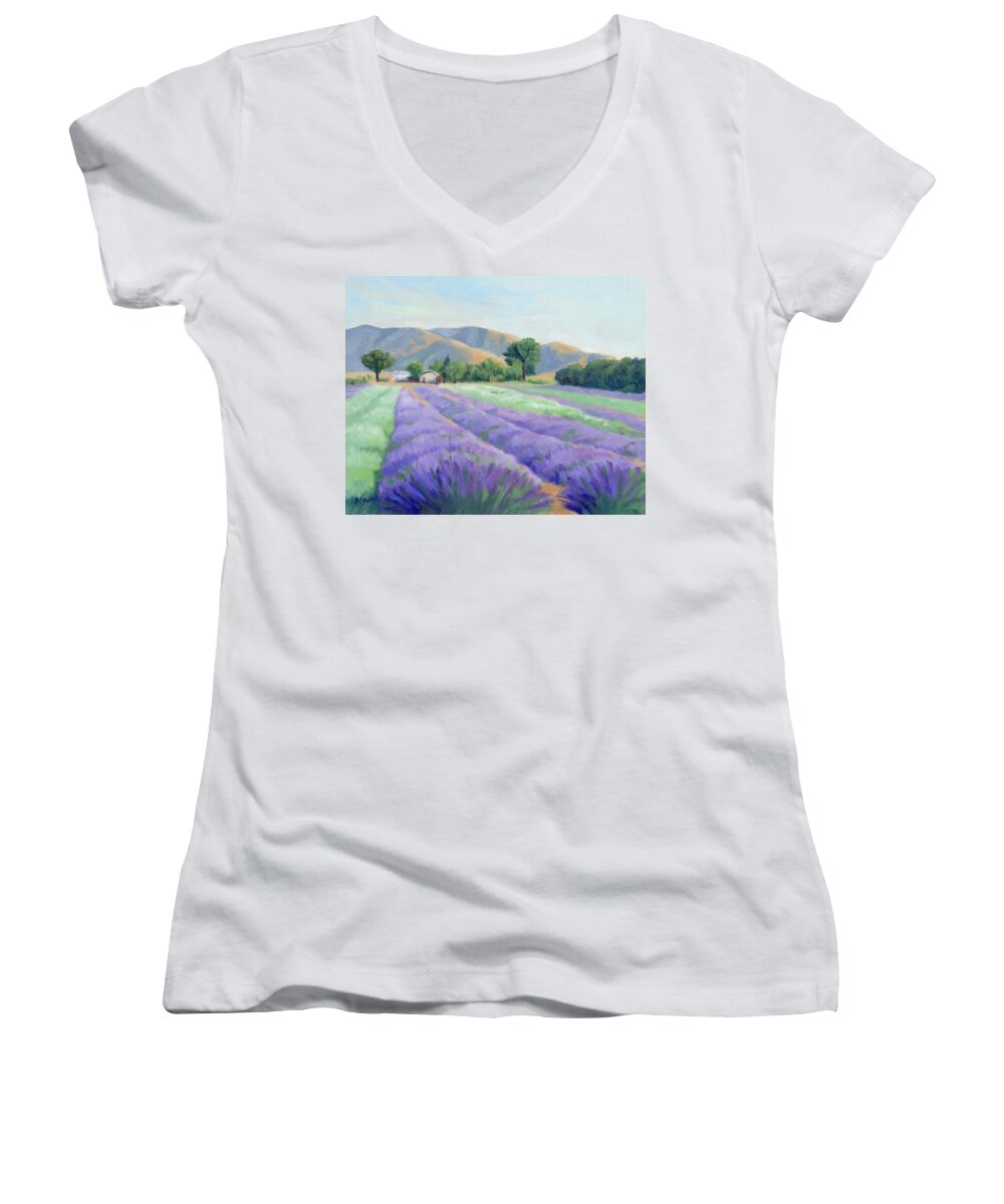 California Landscape Women's V-Neck featuring the painting Lavender Lines by Sandy Fisher