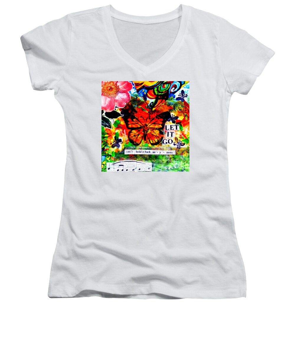 Monarch Women's V-Neck featuring the mixed media Let It Go by Genevieve Esson